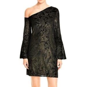 Laundry by Shelli Segal Black & Gold Shimmer One Shoulder Cocktail Dress, size 4